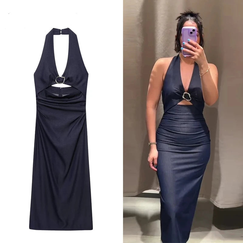 HANY 2025 Halter Long Dress Woman Pleated Midi