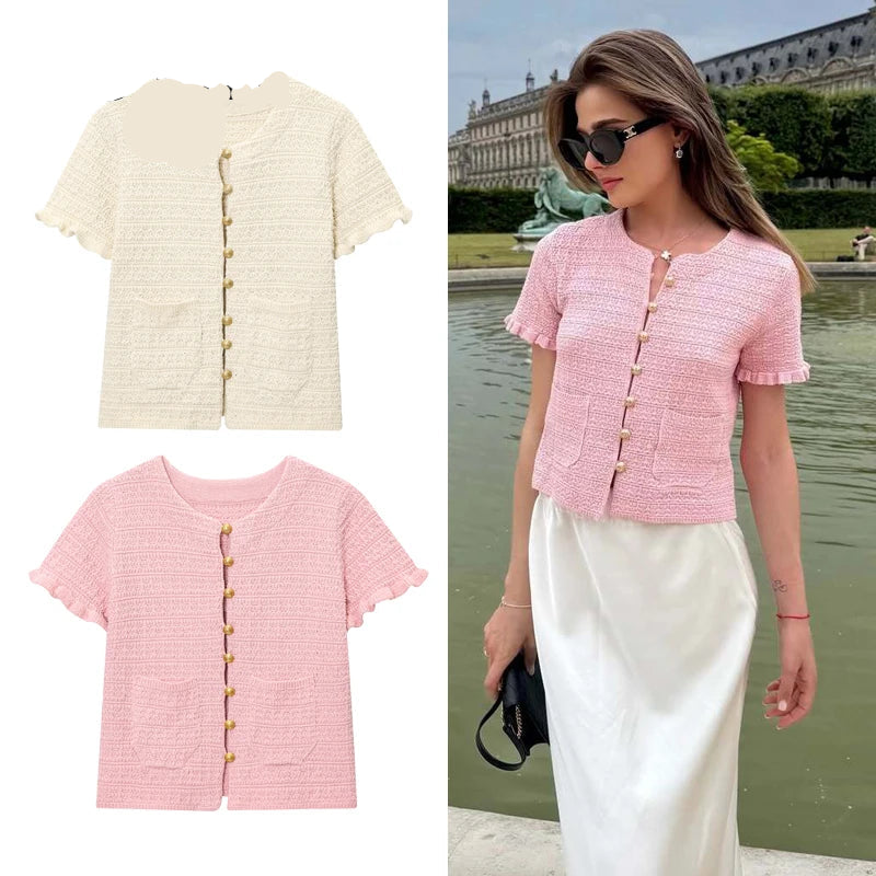 HANY Pink Knit Tops Woman 2025 Knitted Cropped Cardigan
