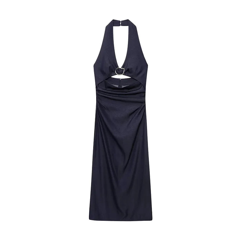 HANY 2025 Halter Long Dress Woman Pleated Midi