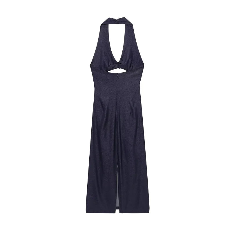 HANY 2025 Halter Long Dress Woman Pleated Midi