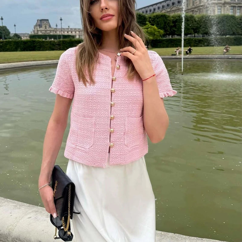 HANY Pink Knit Tops Woman 2025 Knitted Cropped Cardigan