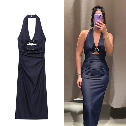 HANY 2025 Halter Long Dress Woman Pleated Midi