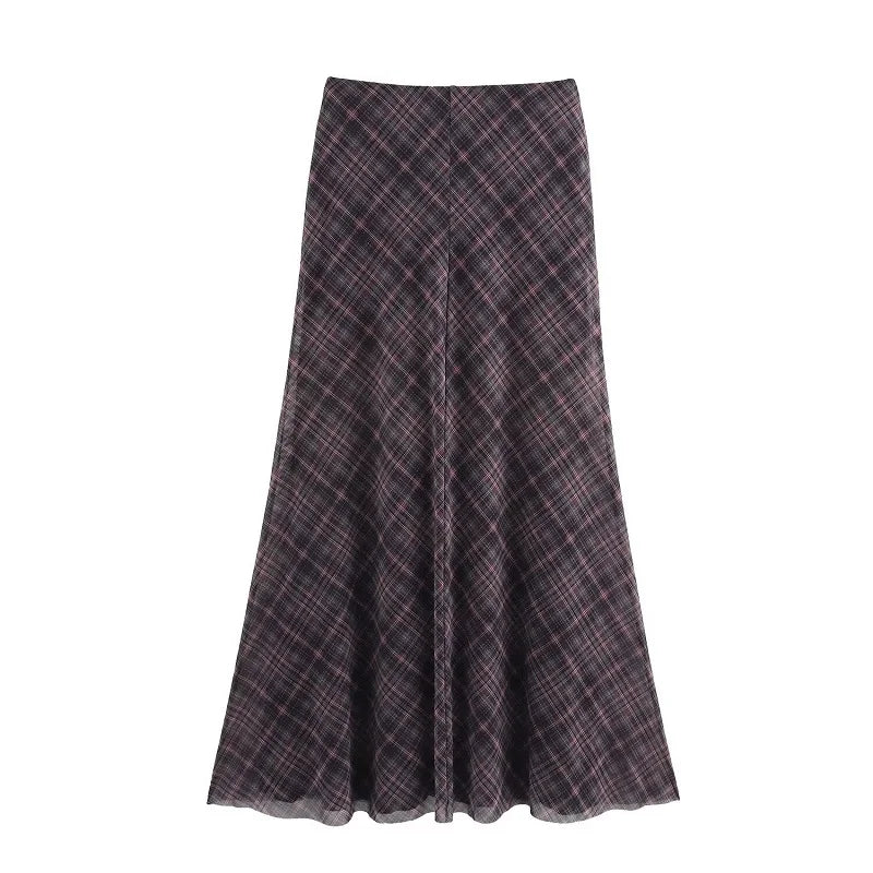 HANY Plaid Tulle Long Skirts Spring Vintage Layered