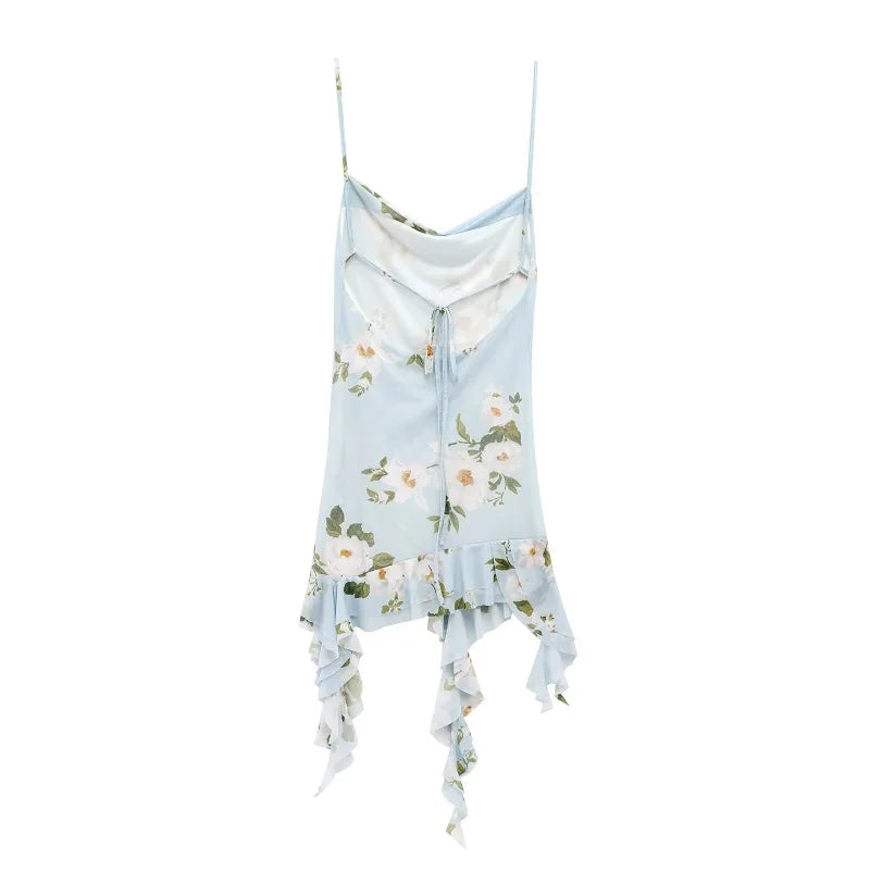 HANY Print Ruffle Tulle Dress Asymmetric Slip Short