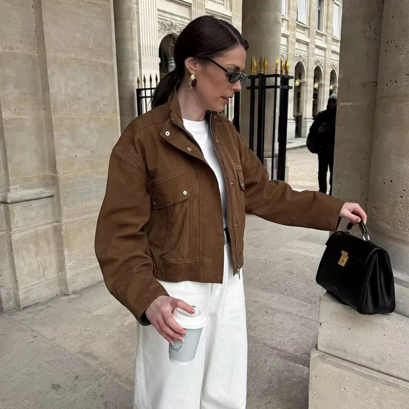 HANY Suede Bomber Jacket Women Fashion Zip