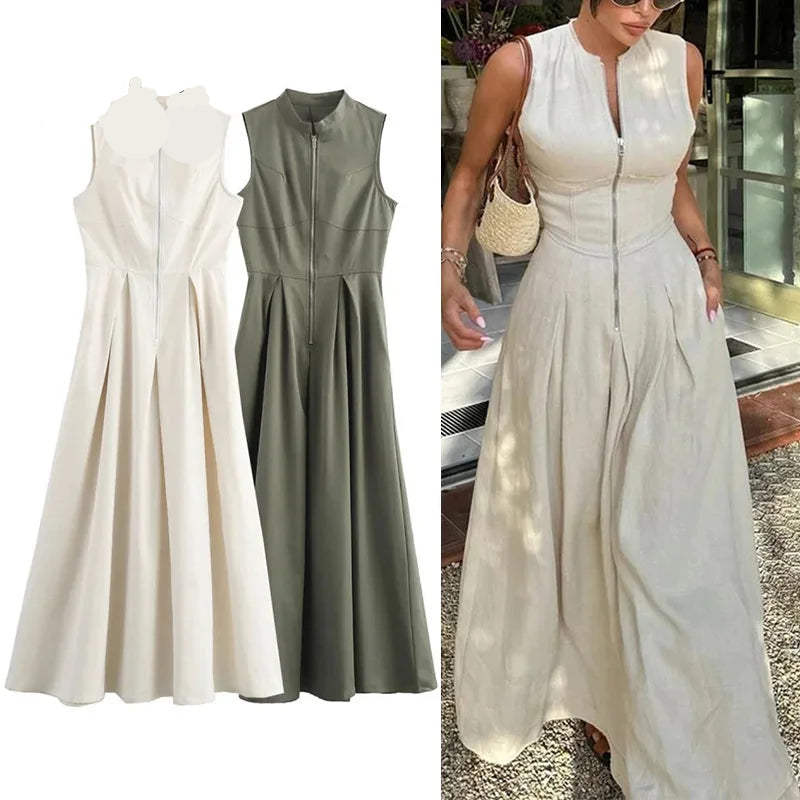 HANY Zipper Long Dress Pleated Sleeveless