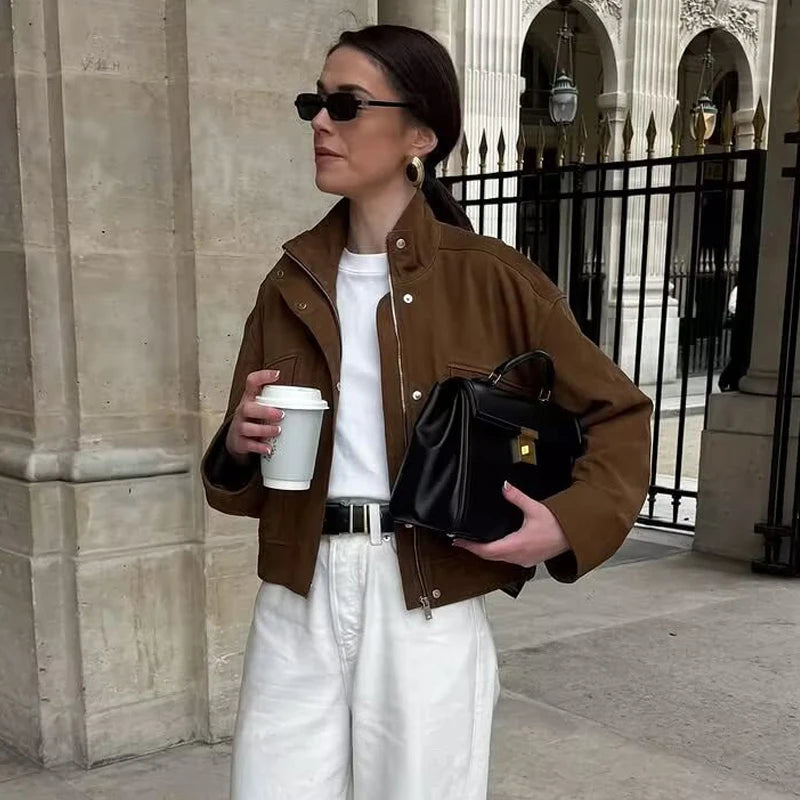 HANY Suede Bomber Jacket Women Fashion Zip