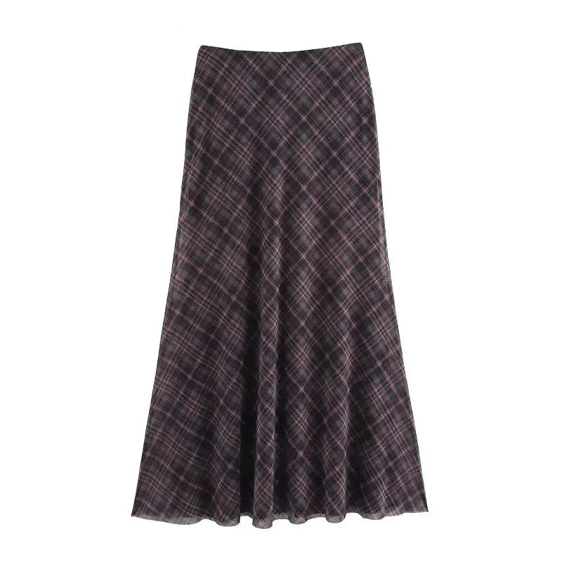 HANY Plaid Tulle Long Skirts Spring Vintage Layered