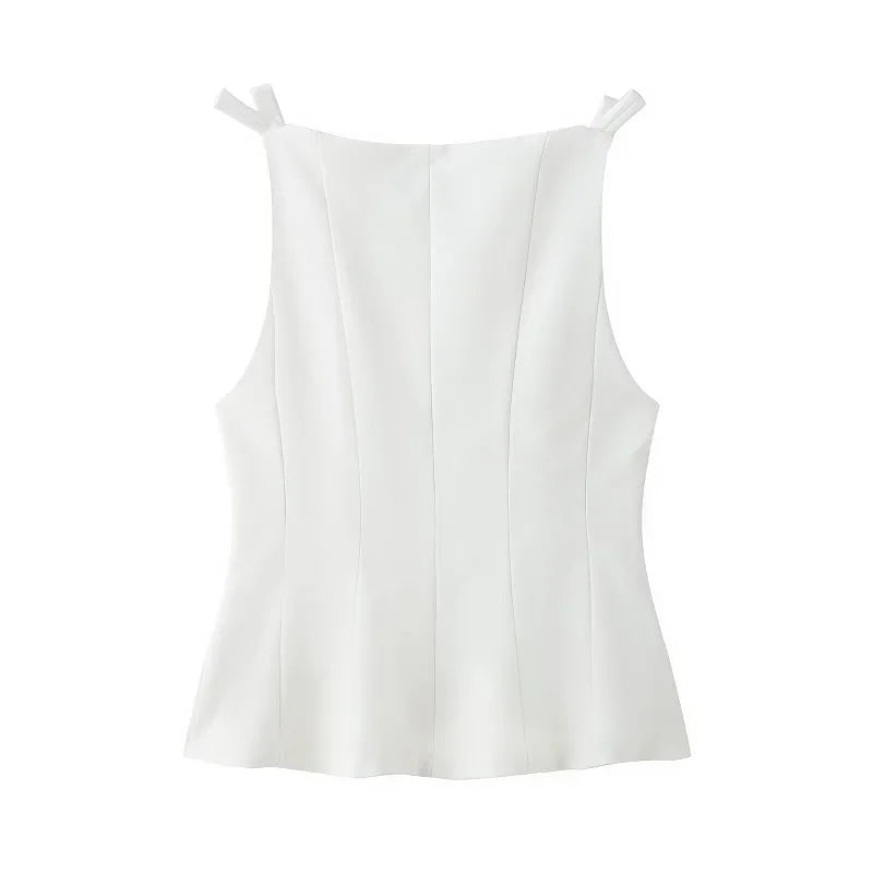 HANY White Ruffle Tops for Women Bow Black Sleeveless