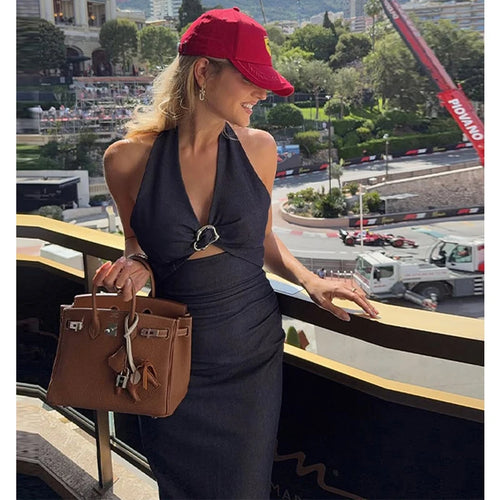 HANY 2025 Halter Long Dress Woman Pleated Midi
