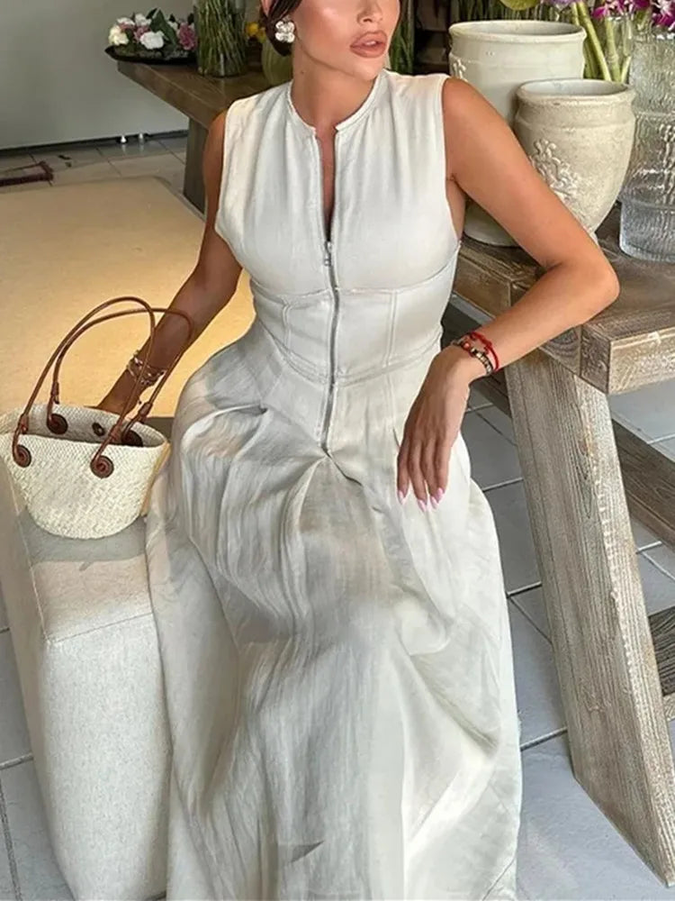 HANY Zipper Long Dress Pleated Sleeveless