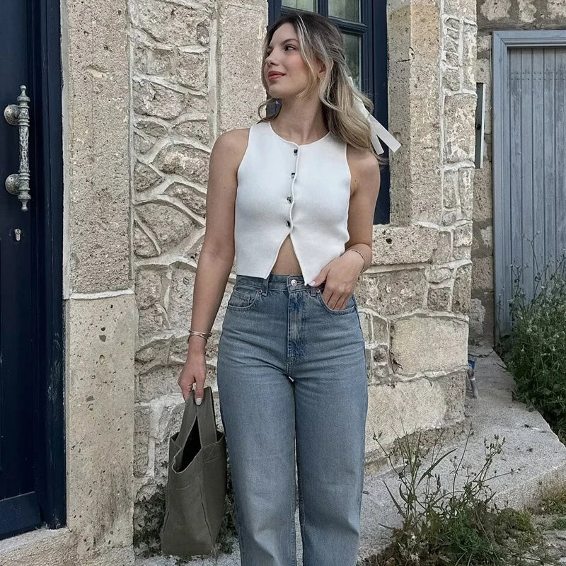 HANY White Knit Crop Top Women Button Short