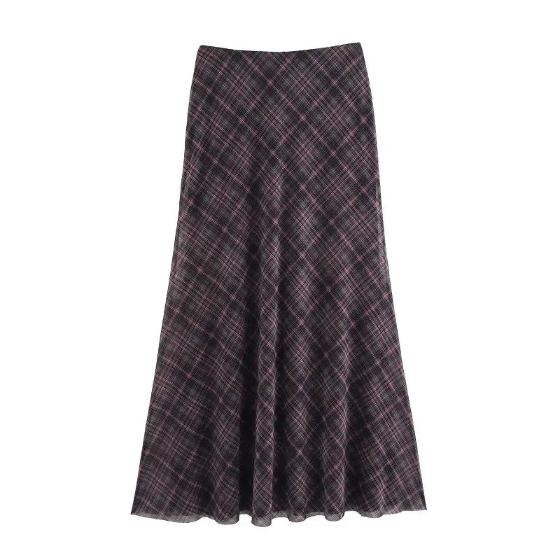HANY Plaid Tulle Long Skirts Spring Vintage Layered
