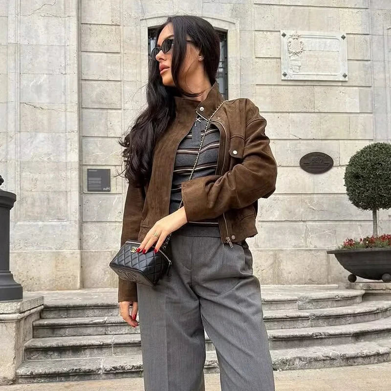 HANY Suede Bomber Jacket Women Fashion Zip