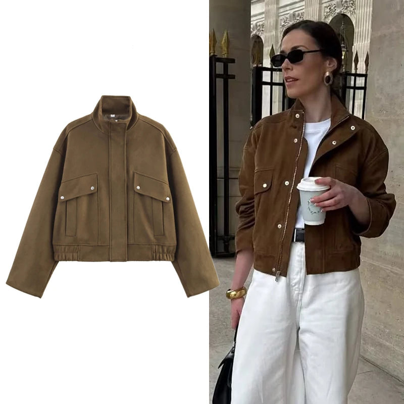 HANY Suede Bomber Jacket Women Fashion Zip