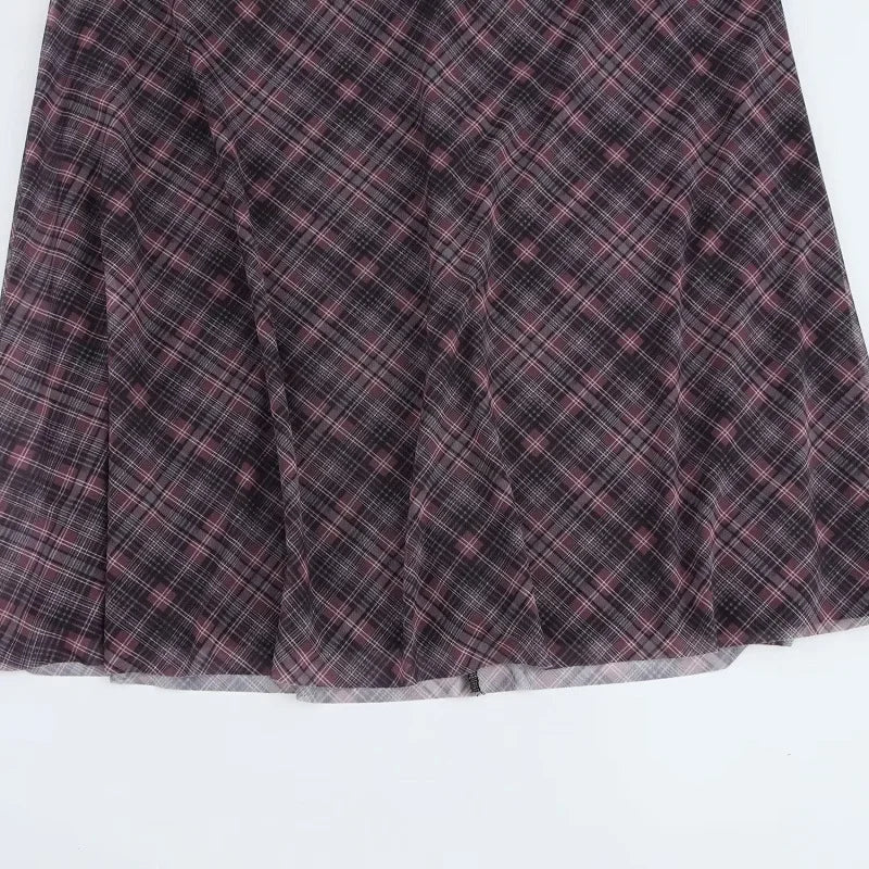 HANY Plaid Tulle Long Skirts Spring Vintage Layered