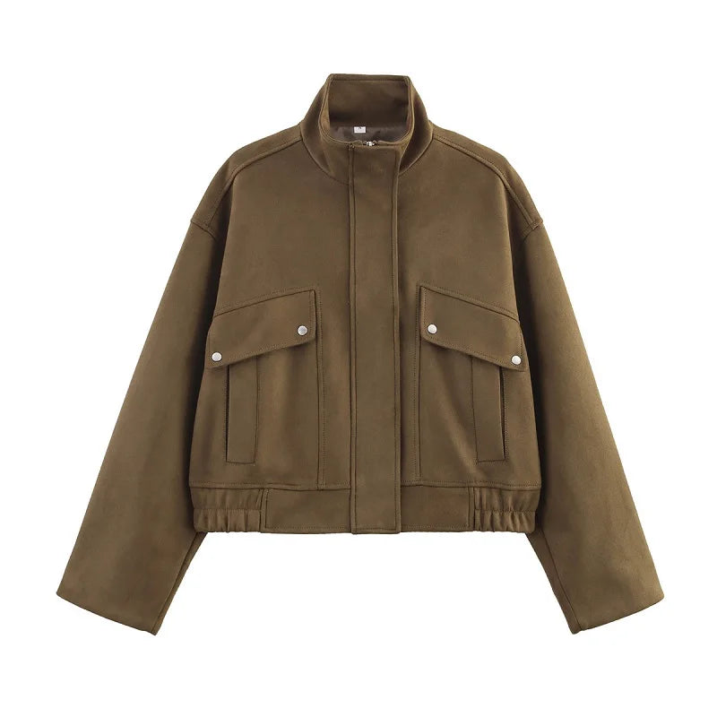 HANY Suede Bomber Jacket Women Fashion Zip