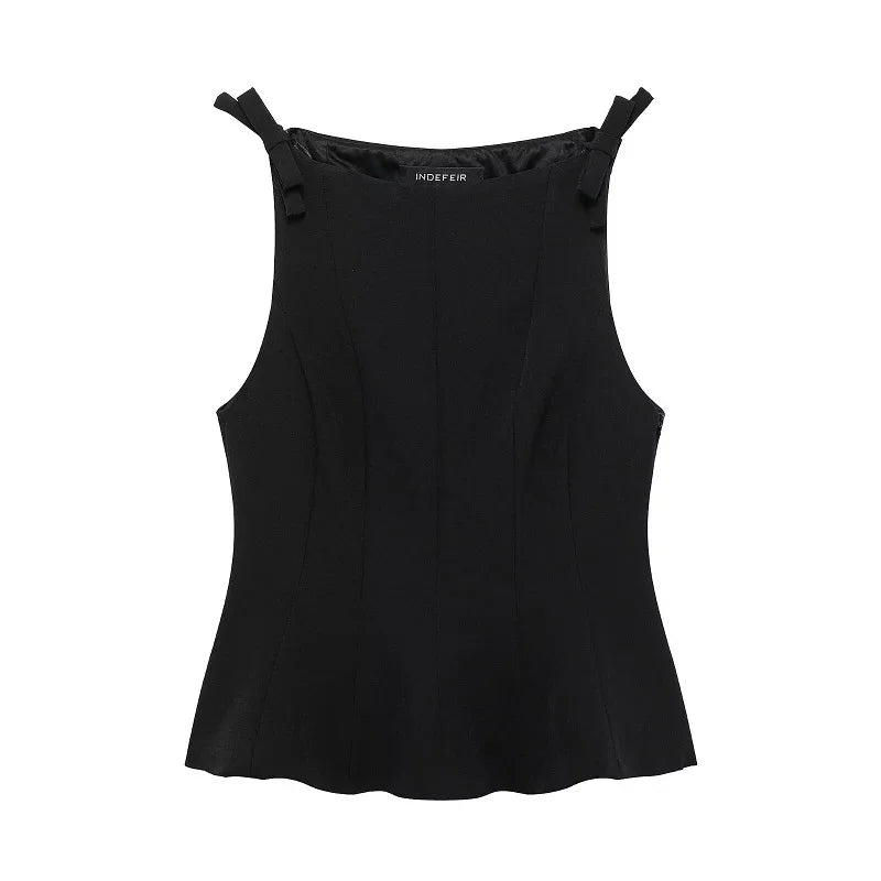 HANY White Ruffle Tops for Women Bow Black Sleeveless