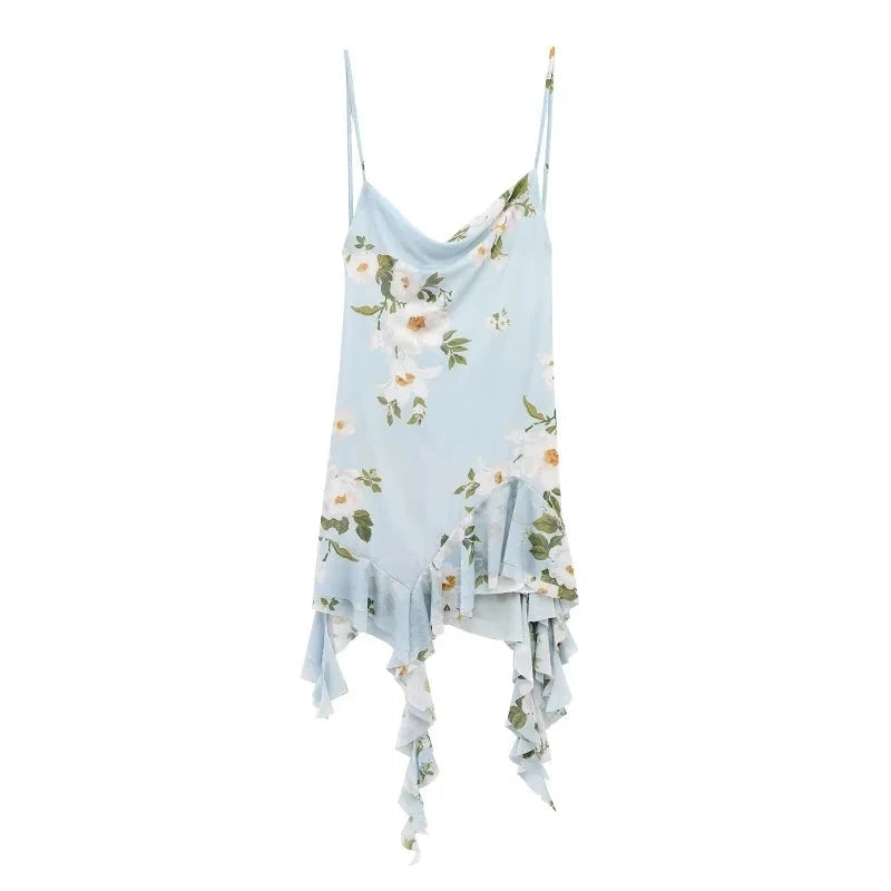 HANY Print Ruffle Tulle Dress Asymmetric Slip Short