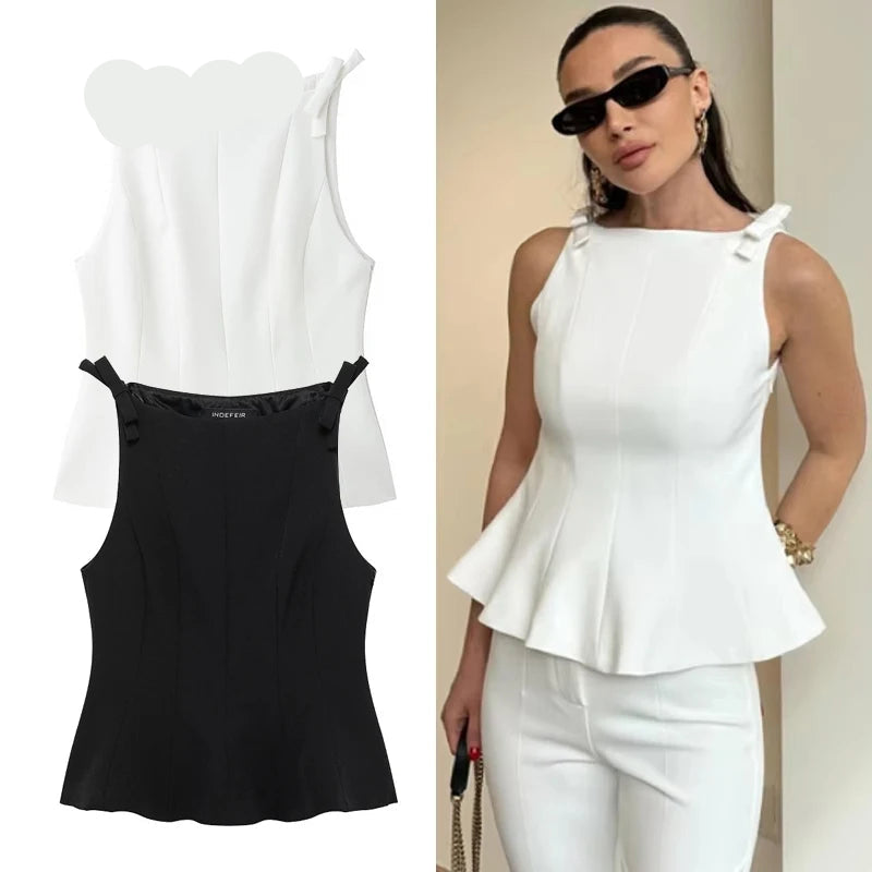 HANY White Ruffle Tops for Women Bow Black Sleeveless
